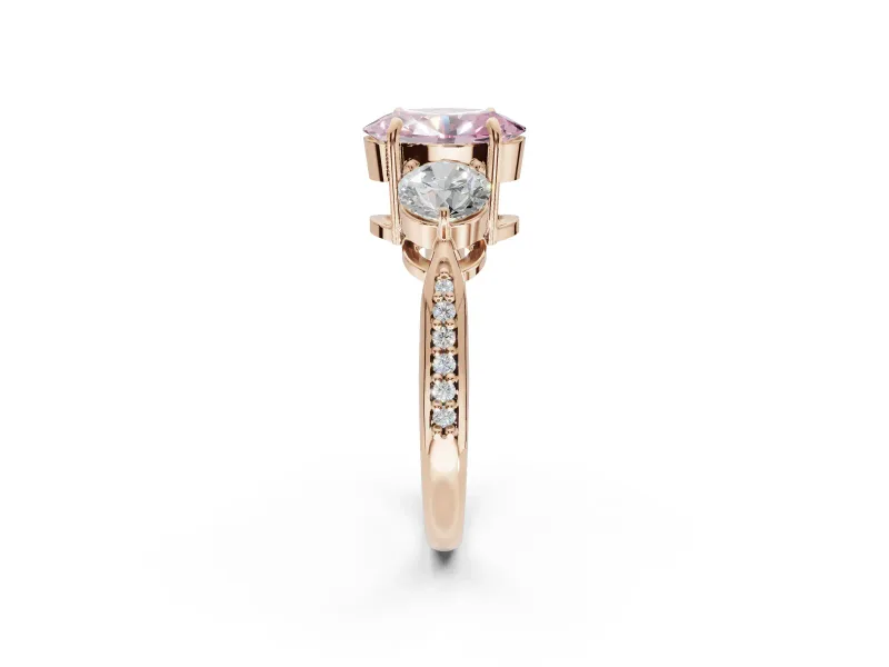 Oval Three Stone Engagement Ring Setting for a Fancy Pink Lab-Grown Diamond | Tapered Pave Band | Rose Gold