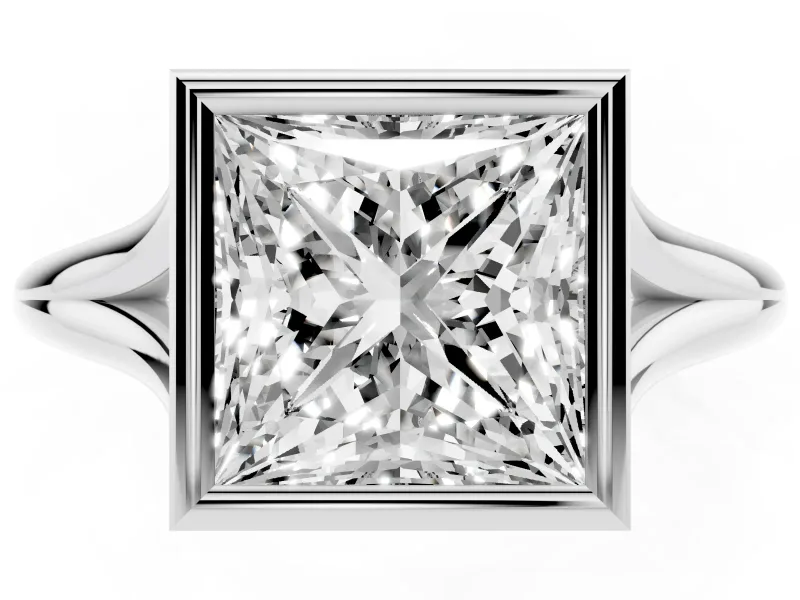 Bezel Set Princess Cut Diamond Solitaire Ring Set in Platinum with Tapered Band
