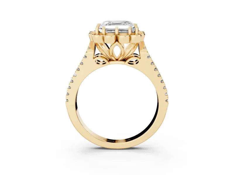 Asscher Cut Petal Frame Floral Halo Engagement Ring Setting | Pavé Split Shank | Yellow Gold