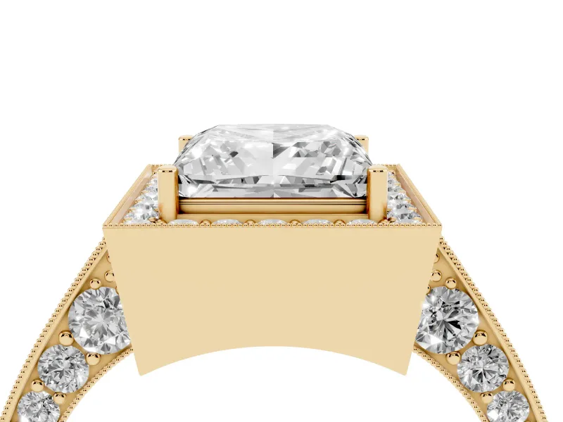 Princess Cut Vintage Milgrain Halo Engagement Ring Setting | Side Stones and Pave | Yellow Gold