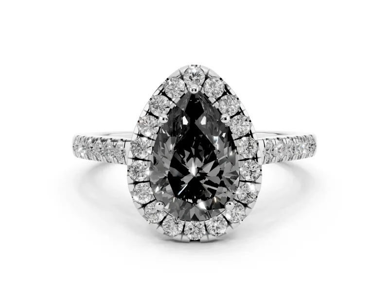 Fancy Black Pear Cut Diamond Halo Pavé Engagement Ring Set in White gold with Prong Setting