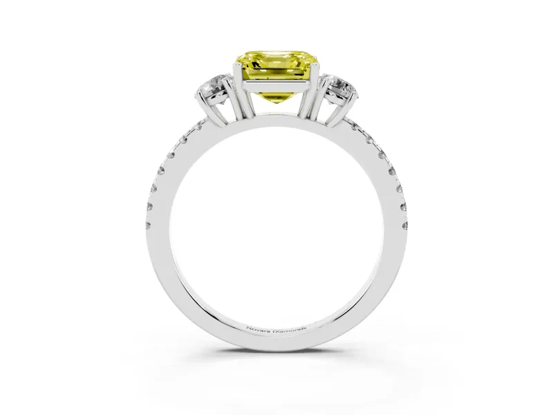 Asscher Cut Three Stone Engagement Ring Setting for a Fancy Yellow Lab-Grown Diamond | Pave Shoulders | Platinum