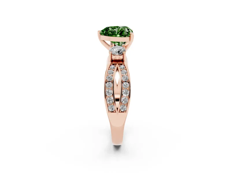 Fancy Green Three-Stone Heart Cut Diamond Twist Band Ring Set in Rose gold with Pavé Accents and Prong Setting