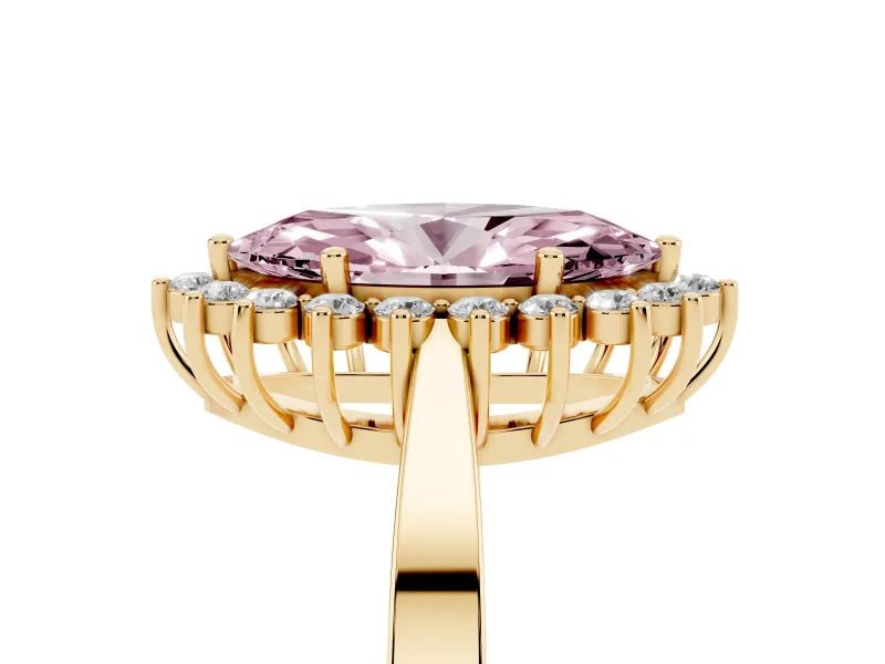 Fancy Pink Marquise Cut Diamond Halo Ring Set in Yellow gold with Round Halo and Smooth Solitaire Band