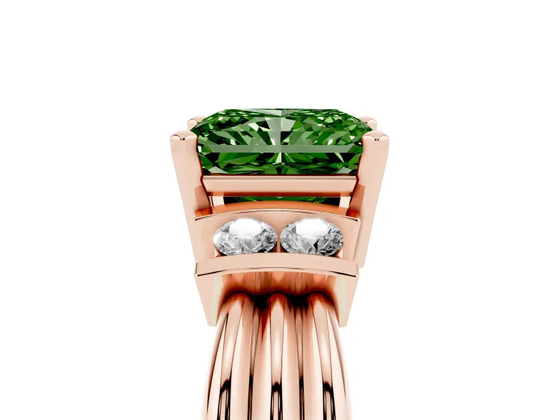 Fancy Green Three-Stone Radiant Cut Diamond Channel Set Ring Set in Rose gold with Bar Prongs