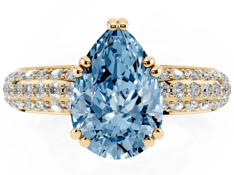 Pear-Shaped Three Row Pave Engagement Ring Setting for a Fancy Blue Lab-Grown Diamond | Yellow Gold
