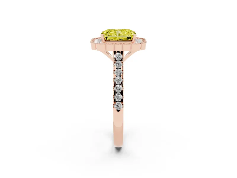 Fancy Yellow Radiant Cut Diamond Milgrain Floral Halo Engagement Ring Set in Rose gold with Pavé Band