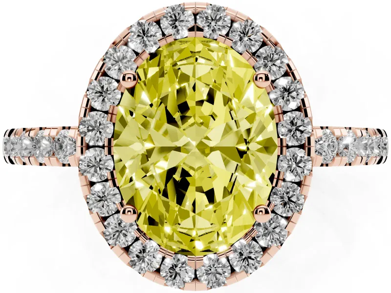Fancy Yellow Oval Cut Diamond Pavé Band Halo Engagement Ring Set in Rose gold with Prong Setting
