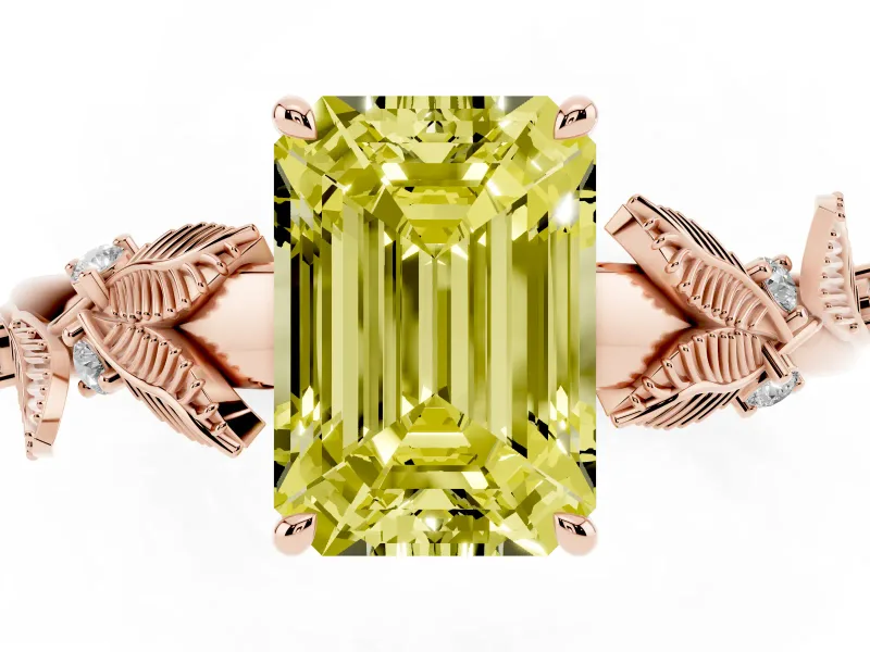 Emerald Cut Leaf Solitaire Engagement Ring Setting for a Fancy Yellow Lab-Grown Diamond | Rose Gold