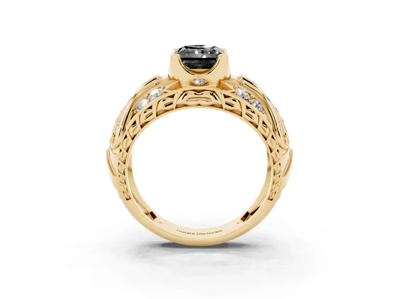 Radiant Cut Art Deco Graduated Engagement Ring Setting for a Black Center | Yellow Gold