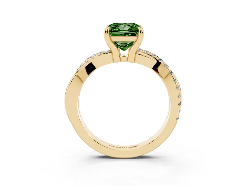 Fancy Green Princess Cut Diamond Twist Band Solitaire Set in Yellow gold with Pavé Accents and Prong Setting
