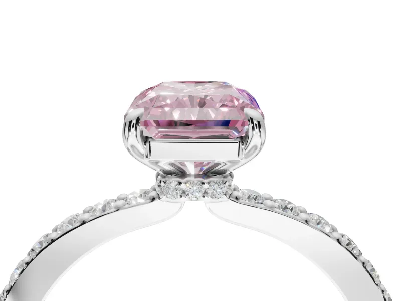 Radiant Cut Hidden Halo Engagement Ring Setting for a Fancy Pink Lab-Grown Diamond | Pavé Band | White Gold