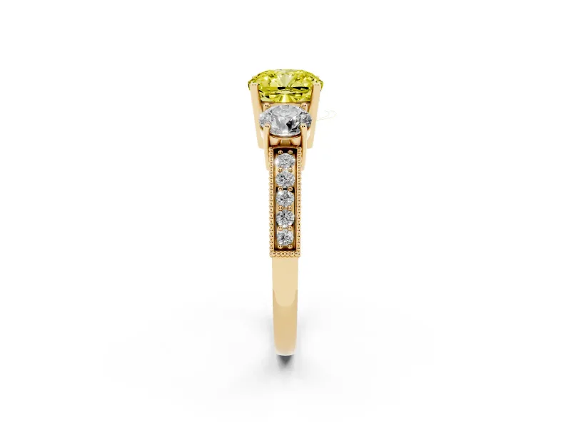 Fancy Yellow Cushion Cut Diamond Three-Stone Ring Set in Yellow gold with Round Side Stones and Pavé Band