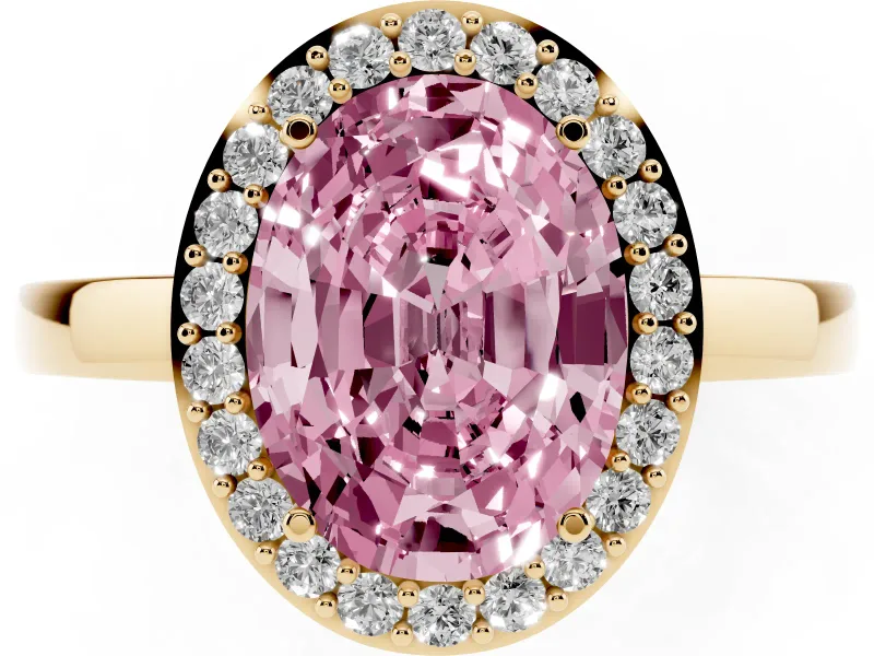 Fancy Pink Oval Cut Diamond Halo Ring Set in Yellow gold with Solitaire Band and Prong Setting