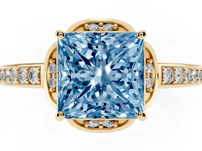 Princess Cut Floral Pavé Engagement Ring Setting for a Fancy Blue Lab-Grown Diamond | Yellow Gold