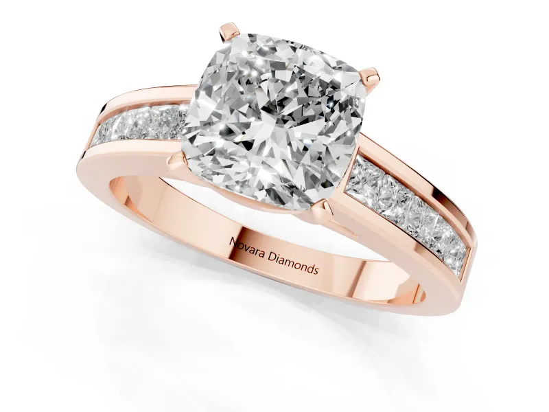Cushion Cut Diamond Solitaire Ring Set in Rose gold with Channel-Set Band and Prong Setting