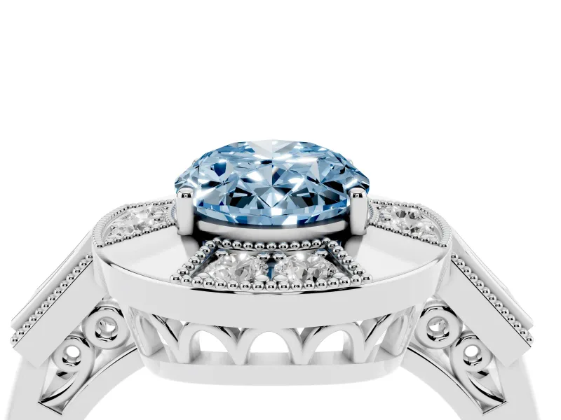 Fancy Blue Oval Cut Diamond Milgrain Halo Ring Set in Silver with Split Shank
