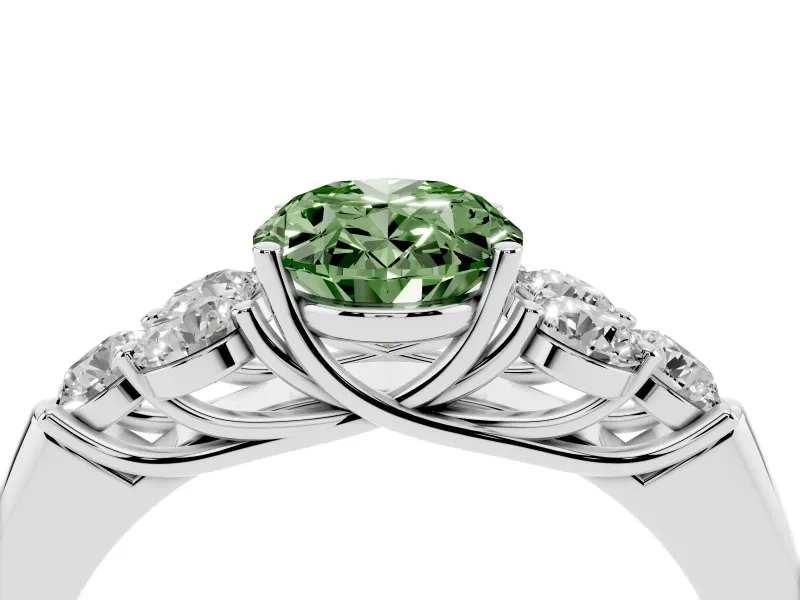Fancy Green Oval Cut Diamond Cluster Ring Set in Platinum with Round Accent Stones and Prong Setting on a Plain Band