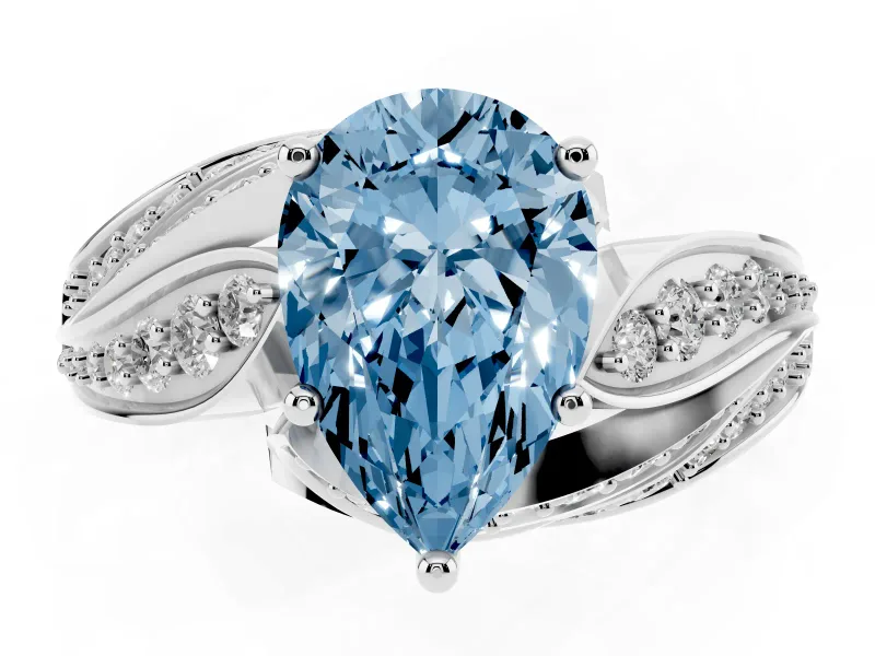 Fancy Blue Pear Cut Diamond Solitaire Ring Set in White gold with Layered Twist Pavé Band