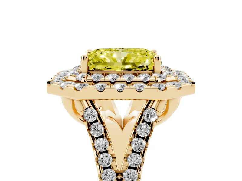 Radiant Cut Halo Split Shank Engagement Ring Setting for a Fancy Yellow Lab-Grown Diamond | Yellow Gold