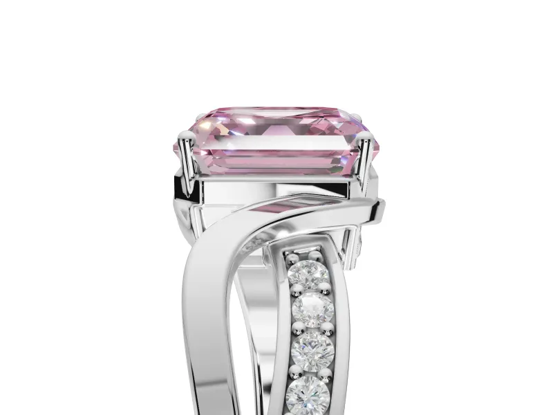 Asscher Cut Bypass Solitaire Engagement Ring Setting for a Fancy Pink Lab-Grown Diamond | Pavé Strands | Sterling Silver