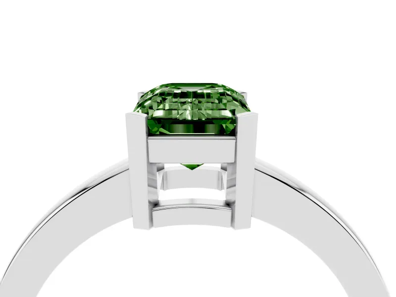 Fancy Green Emerald Cut Diamond Solitaire Ring Set in Platinum with Prong Head and Smooth Polished Band