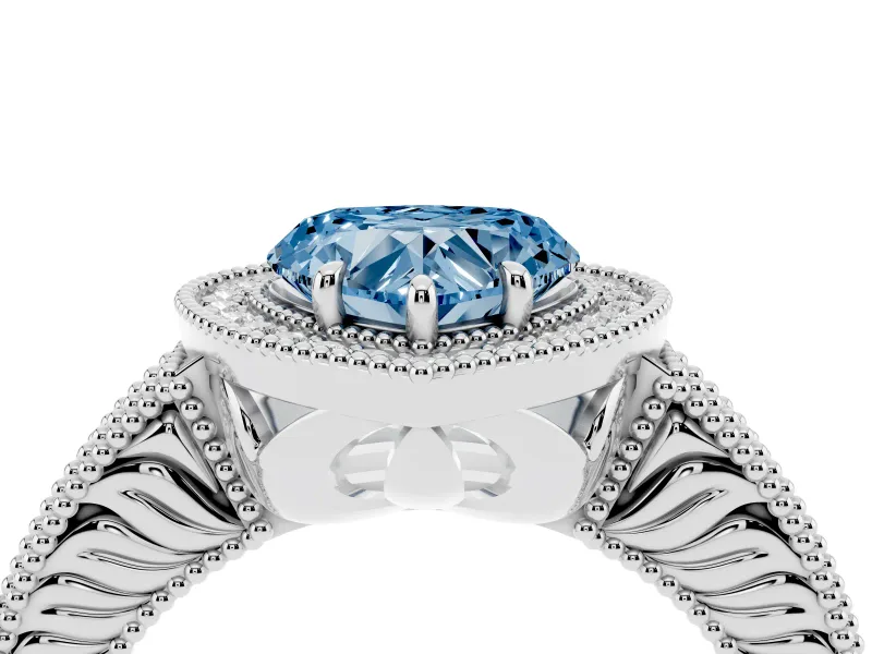 Fancy Blue Heart Cut Diamond Halo Ring Set in Platinum with Round Accent Halo, Pavé Band and Prong Setting