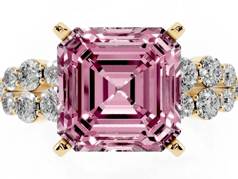 Asscher Cut Side Stone Engagement Ring Setting for a Fancy Pink Lab-Grown Diamond | Shoulder Clusters | Yellow Gold