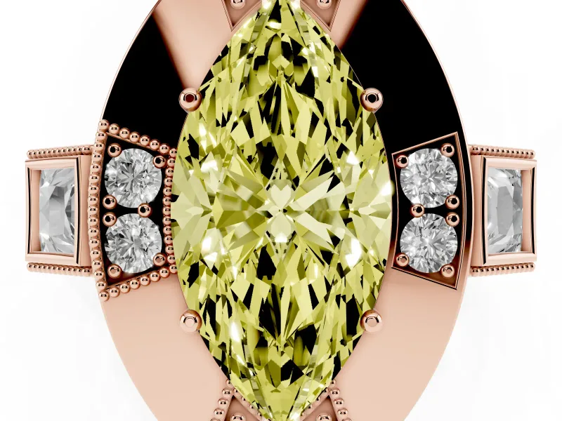Fancy Yellow Marquise Cut Diamond Milgrain Halo Ring Set in Rose gold with Split Shank