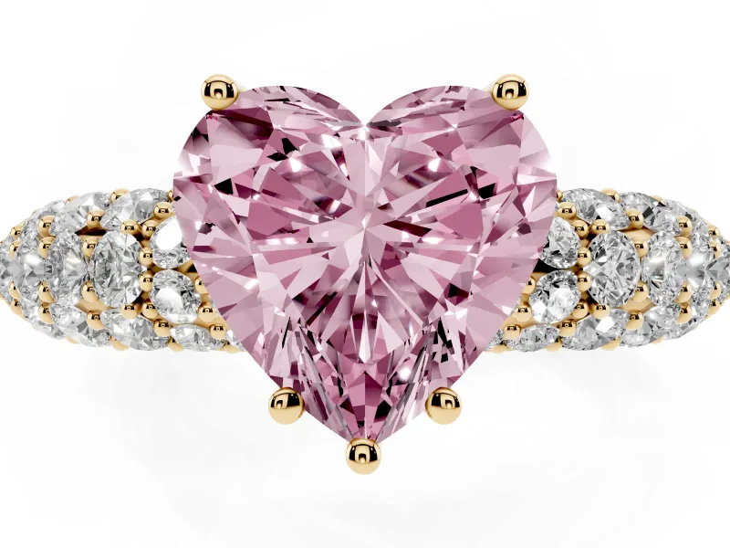 Heart-Shaped Multi Row Pave Engagement Ring Setting for a Fancy Pink Lab-Grown Diamond | Yellow Gold