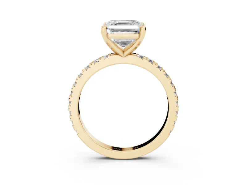 Asscher Cut Diamond Pavé Band Solitaire Set in Yellow gold with Prong Setting