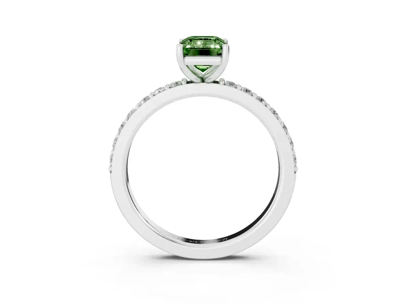 Fancy Green Emerald Cut Diamond Solitaire Set in Silver with Round Pavé Band and Prong Setting