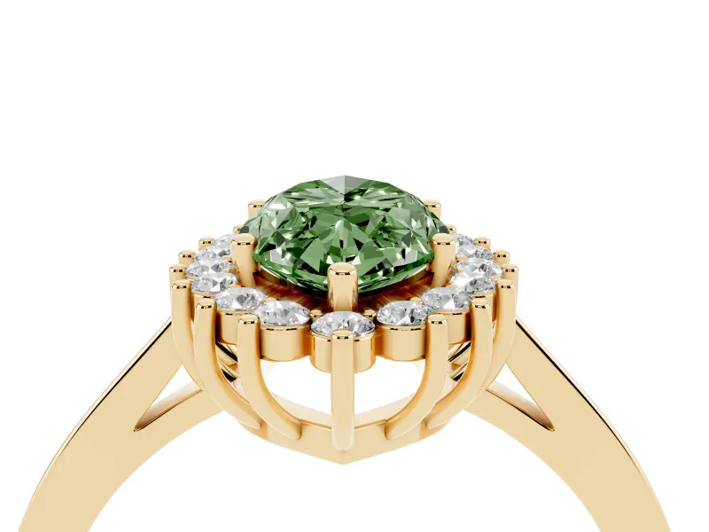 Fancy Green Marquise Cut Diamond Halo Ring Set in Yellow gold with Round Halo and Smooth Solitaire Band