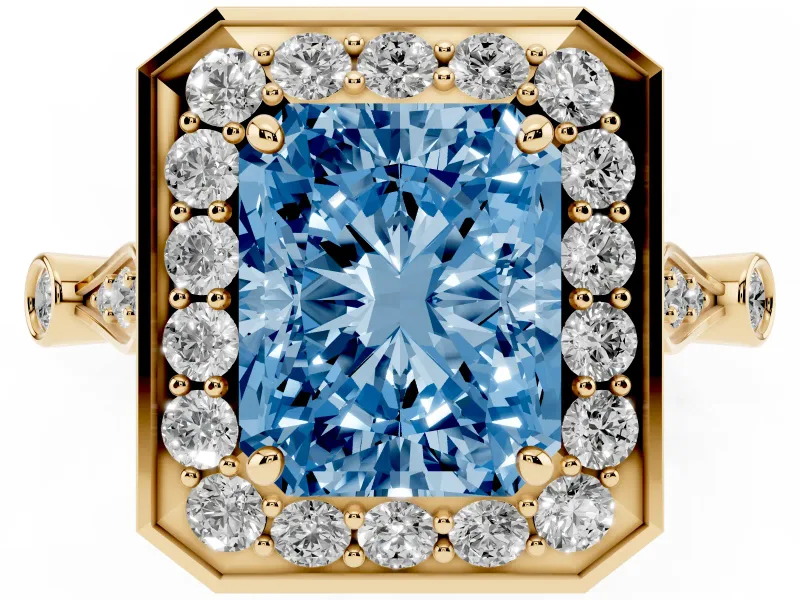 Radiant Cut Halo Engagement Ring Setting for a Fancy Blue Lab-Grown Diamond | Bezel Station Shoulders | Yellow Gold
