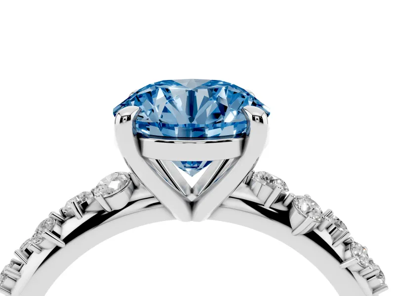 Fancy Blue Round Cut Diamond Solitaire Vine Band Ring Set in Platinum with Round Accents and Prong Setting