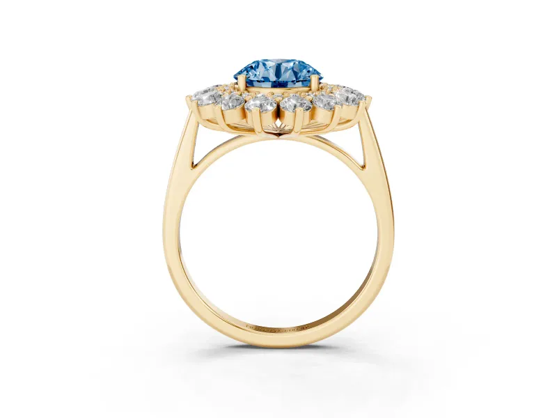 Round Floral Double Halo Engagement Ring Setting for a Fancy Blue Lab-Grown Diamond | Plain Band | Yellow Gold