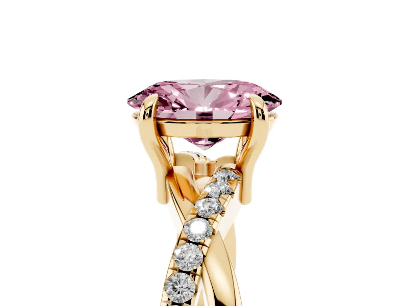 Fancy Pink Oval Cut Diamond Twist Band Solitaire Set in Yellow gold with Pavé Accents and Prong Setting
