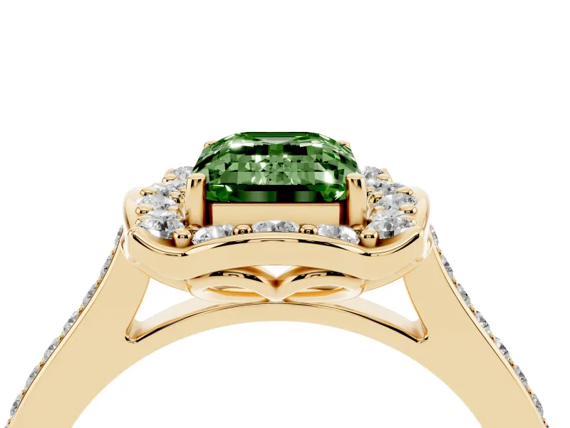 Emerald Cut Petal Tip Halo Engagement Ring Setting for a Fancy Green Lab-Grown Diamond | Pavé Band | Yellow Gold
