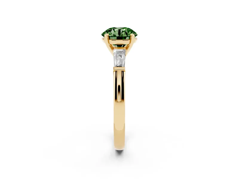 Round Three Stone Engagement Ring Setting for a Fancy Green Lab-Grown Diamond | Tapered Baguettes | Yellow Gold