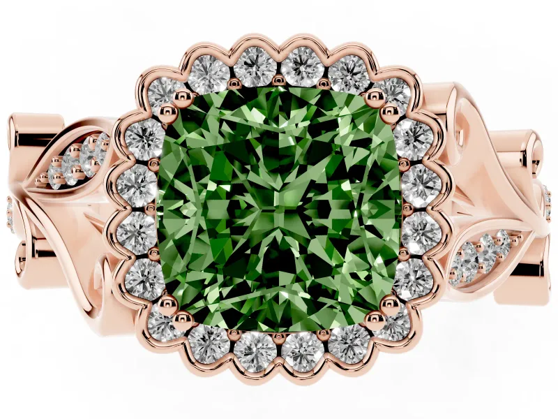 Cushion Cut Leaf Halo Engagement Ring Setting for a Fancy Green Lab-Grown Diamond | Rose Gold