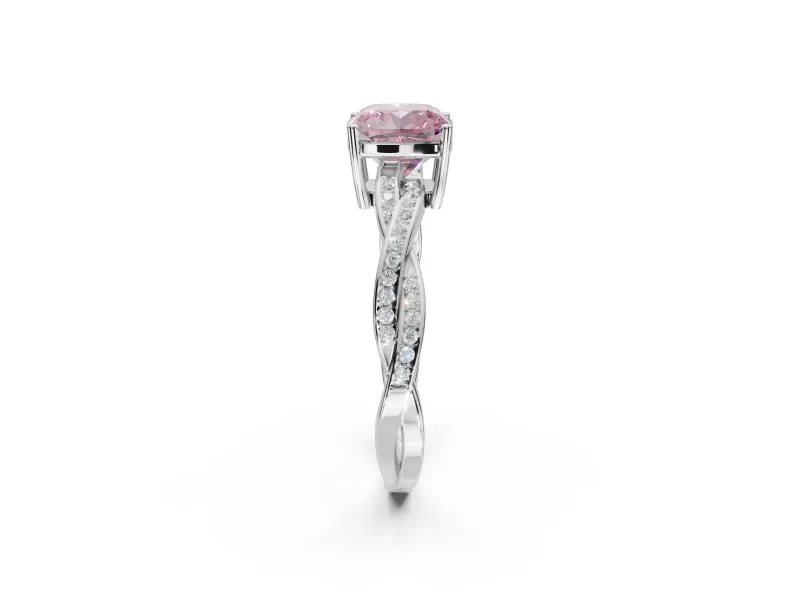 Cushion Cut Twisted Pavé Solitaire Engagement Ring Setting for a Fancy Pink Lab-Grown Diamond | Open Basket | White Gold