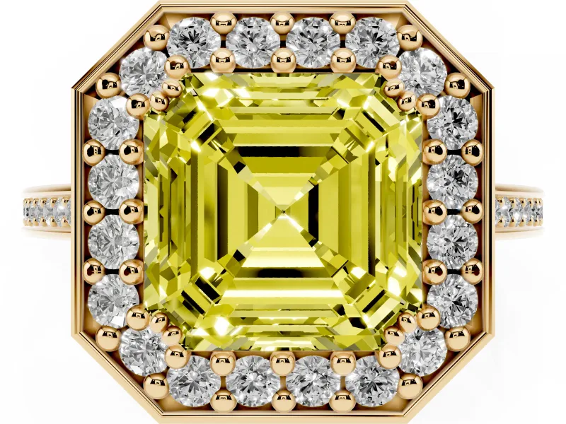 Asscher Cut Halo Engagement Ring Setting for a Fancy Yellow Lab-Grown Diamond | Polished Halo Rim | Yellow Gold