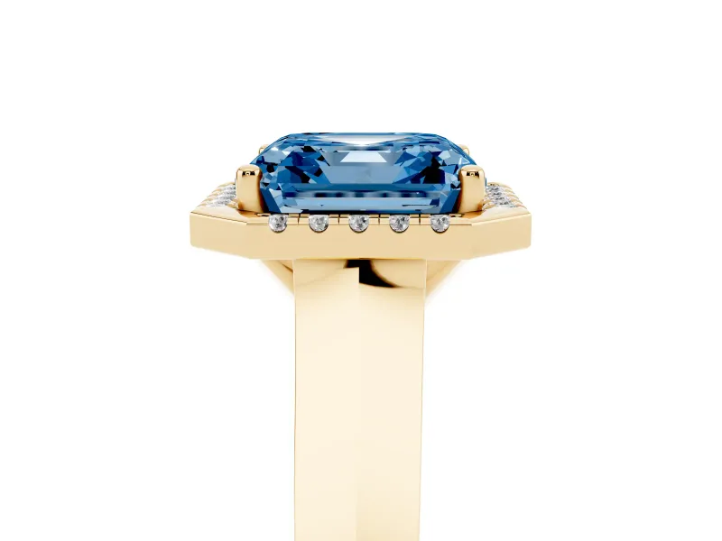 Asscher Cut Knife-Edge Halo Engagement Ring Setting for a Fancy Blue Lab-Grown Diamond | Yellow Gold