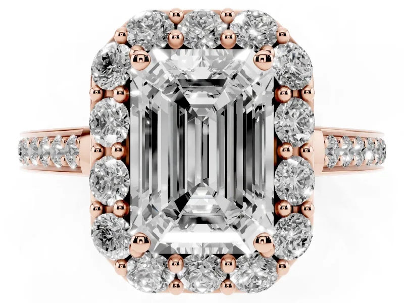 Emerald Cut Diamond Floral Halo Ring Set in Rose gold with Pavé Band and Prong Setting