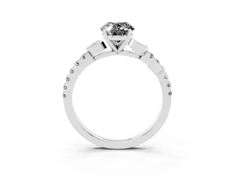 Fancy Black Oval Cut Diamond Solitaire Leaf-Inspired Ring Set in Platinum with Pavé Band and Prong Setting