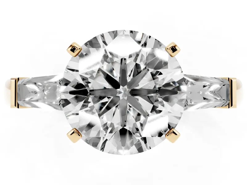 Round Cut Diamond Solitaire Ring Set in Yellow gold with Tapered Baguette Side Stones and Prong Setting