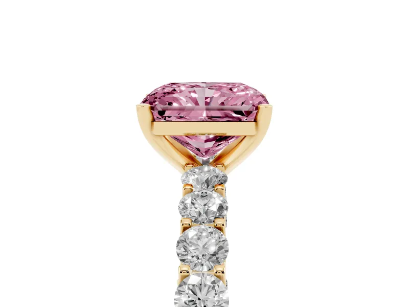 Radiant Cut Shared Prong Engagement Ring Setting for a Fancy Pink Lab-Grown Diamond | Yellow Gold