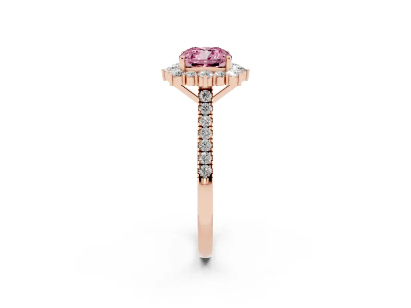 Cushion Cut Scalloped Halo Engagement Ring Setting for a Fancy Pink Lab-Grown Diamond | Single Row Pave | Rose Gold