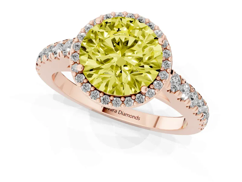 Fancy Yellow Round Cut Diamond Halo Engagement Ring Set in Rose gold with Pavé Band and Prong Setting
