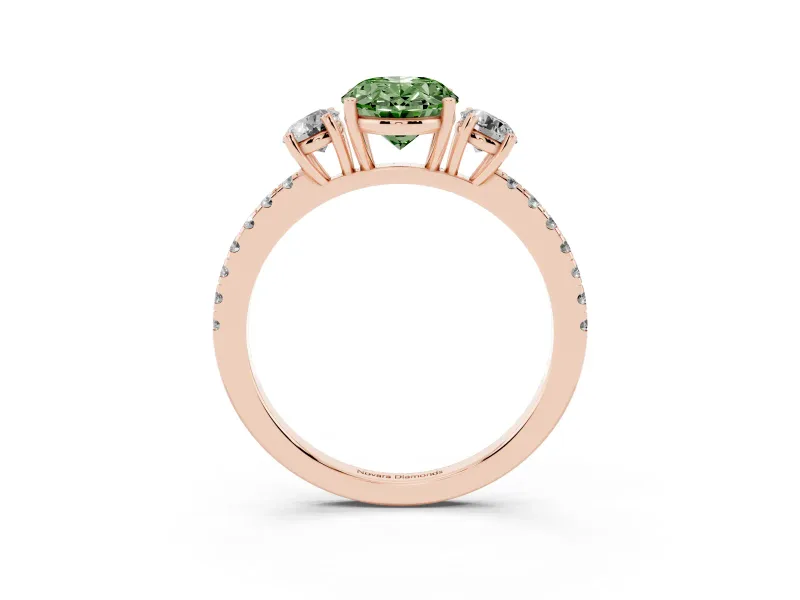Oval Three Stone Engagement Ring Setting for a Fancy Green Lab-Grown Diamond | Pave Shoulders | Rose Gold